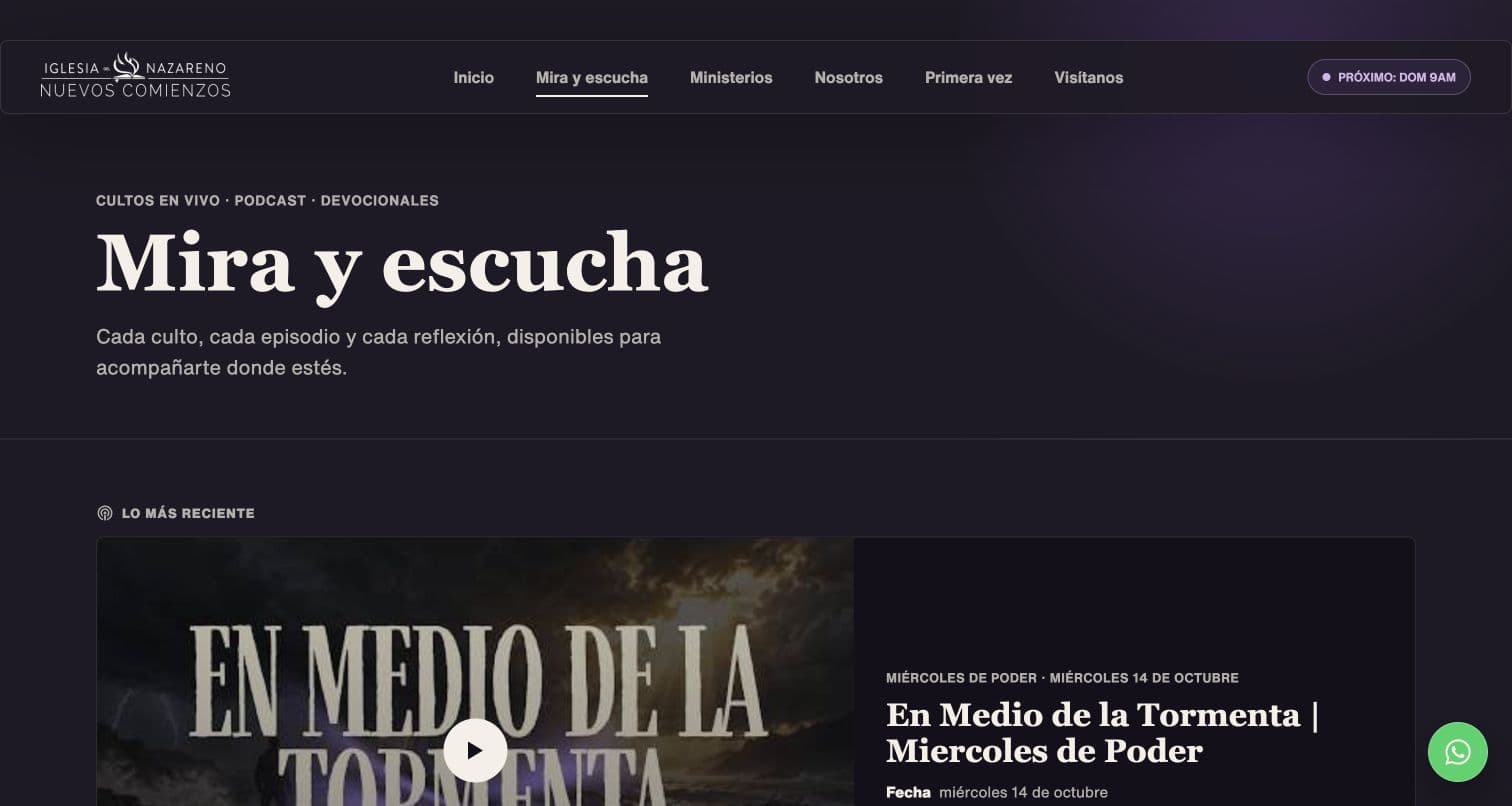 Sección Mira y escucha de Nuevos Comienzos con el culto más reciente destacado