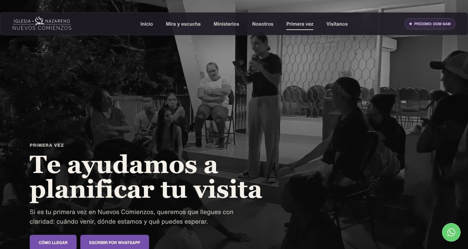 Página de primera visita de Nuevos Comienzos con bienvenida y botones para consultar cómo llegar o escribir por WhatsApp